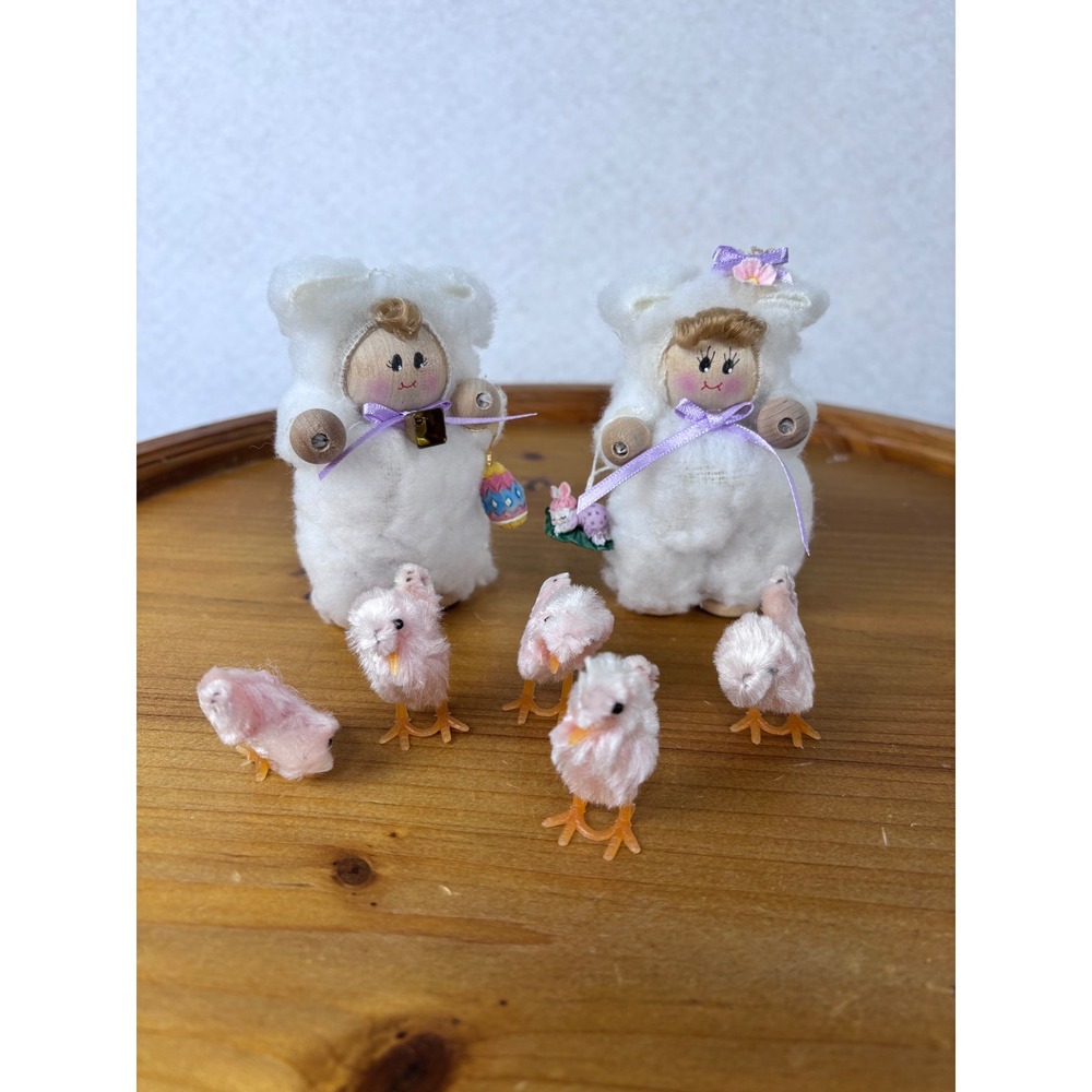 Vintage Easter Figurine Set Lamb Bunny Costumes Pink Chenille Chicks Decor
